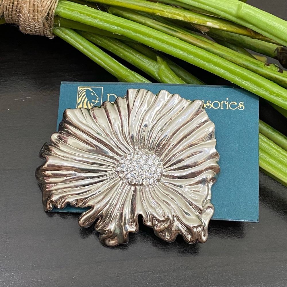 Vintage Regency Accessories Silver-tone Large Poppy Flower CZ Stone Brooch